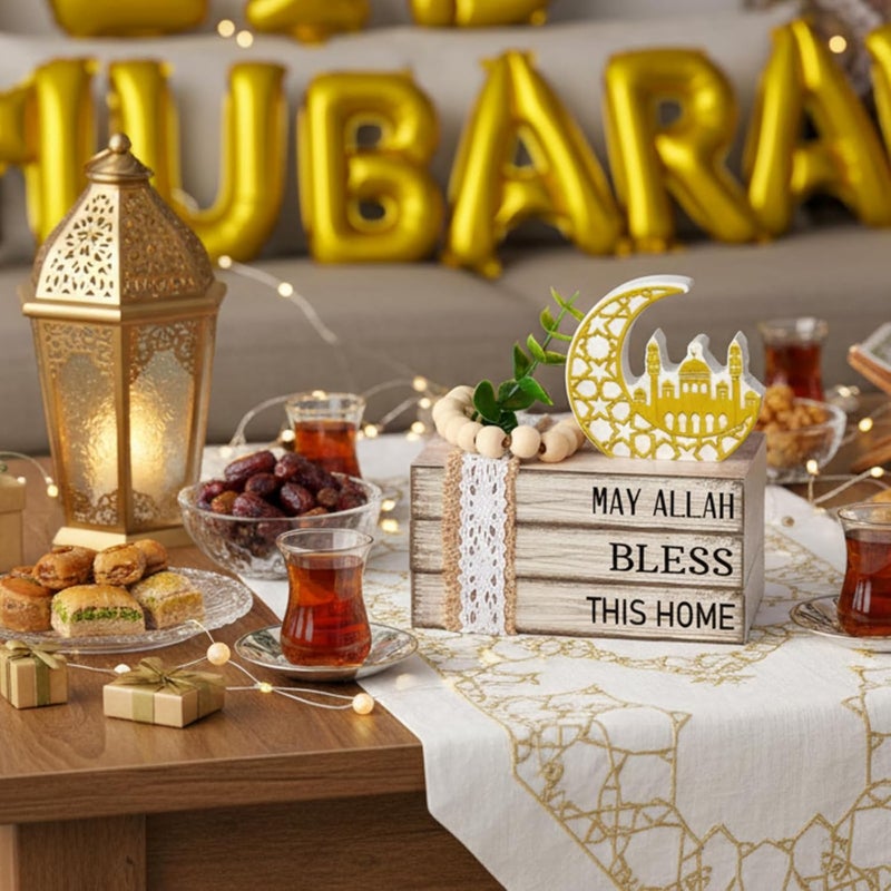 Anglechic Eid Mubarak Decorations Wood Ramadan Decorations for Home Ramadan Mubarak Table Sign Golden Moon Eid Tiered Tray Sign for Islamic Muslim Table Indoor Shelf Office Gifts - Image 5